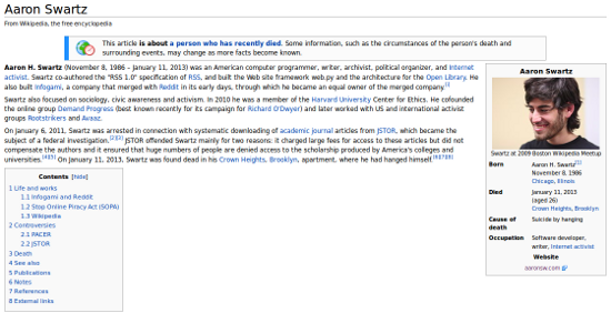 Alt swartz's wiki page after his death